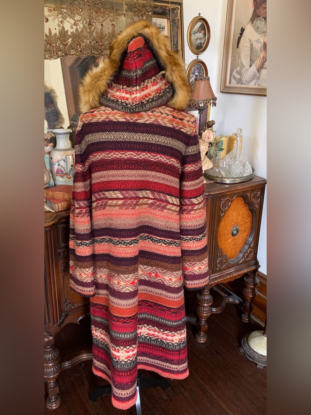 Vintage Boho Nepal-inspired Cardigan Sweater w Leather Belt & Faux Fur Hood - Picture 7 of 16